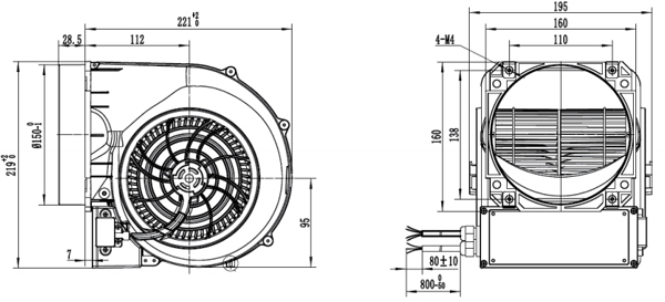 Dimension of SF146D-E092A3-CS Forward Curved Double Inlet Φ 146-150