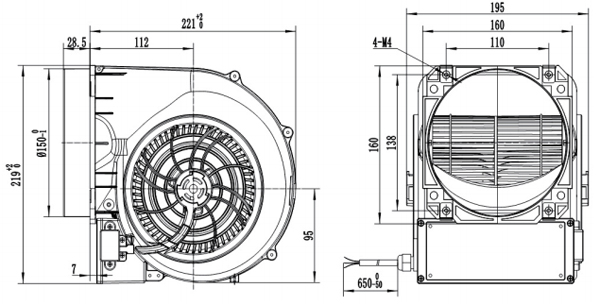 Dimension of SF146D-E092B3-43 Forward Curved Double Inlet Φ 146-150