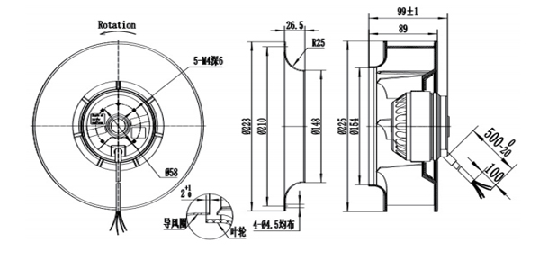 Dimension of BC225A-A092C2 Backward Curved Fan Φ 225-89