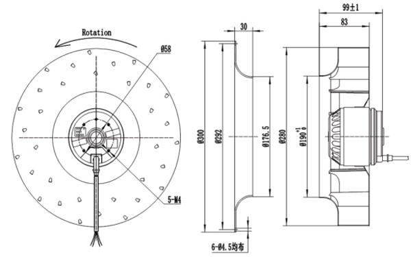 Dimension of BC280A-A092E2 Backward Curved Fan Φ 280-82