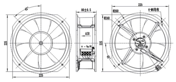 Dimension of AG200B-D092A Axial Fan 225-80A
