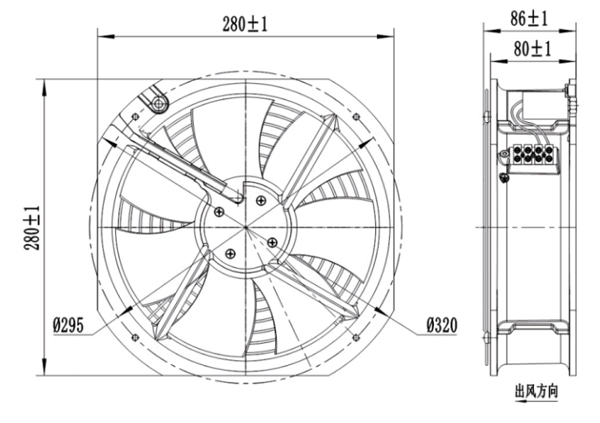 Dimension of AG250A-A092C2-00 Axial Fan 280-80A Dimension of AG250A-A092C2-00 Axial Fan 280-80A