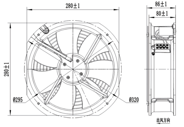 Dimension of AG250B-A092C2-00 Axial Fan 280-80B Dimension of AG250B-A092C2-00 Axial Fan 280-80B