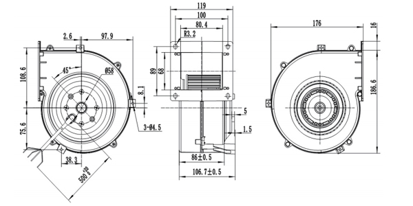 Dimension of DG120C-A092A2 Forward Curved Single Inlet Φ 120-62 Dimension of DG120C-A092A2 Forward Curved Single Inlet Φ 120-62
